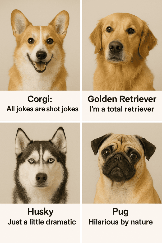 corny dog jokes featuring different dog breeds with funny captions
