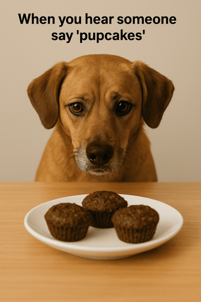 corny dog jokes showing dog staring at food with funny caption