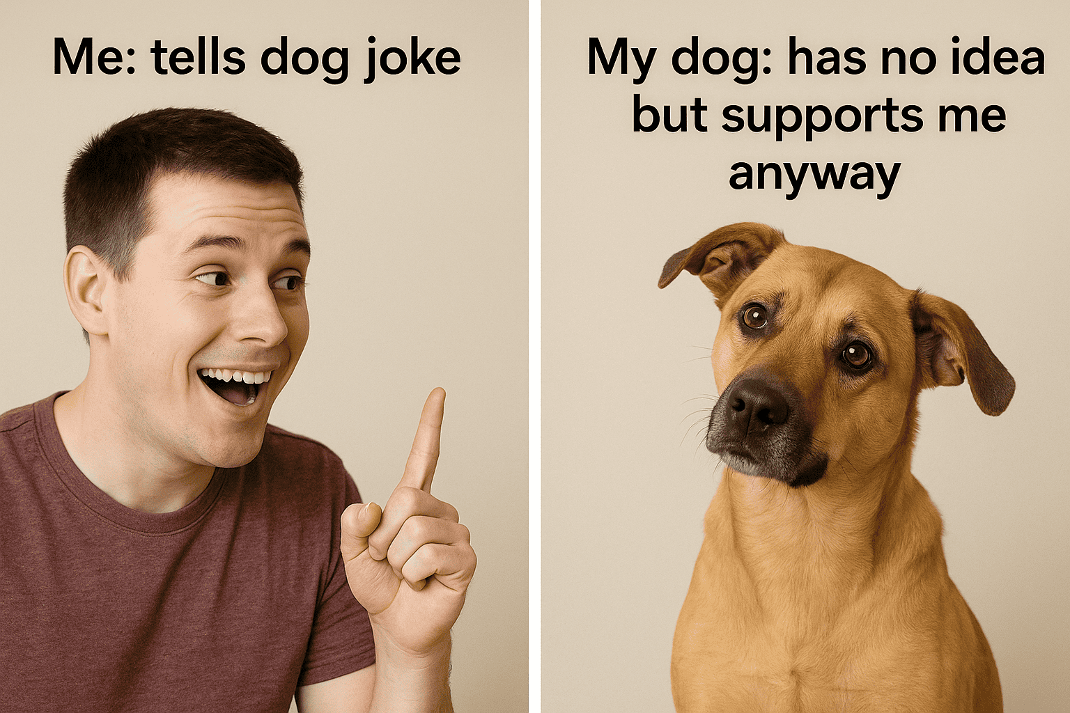 corny dog jokes showing owner telling joke to confused but supportive dog