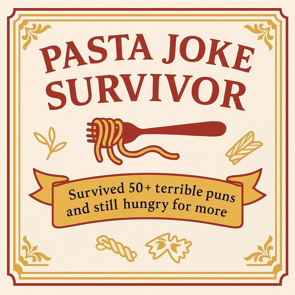funny pasta jokes badge for people who love Italian food puns and humor