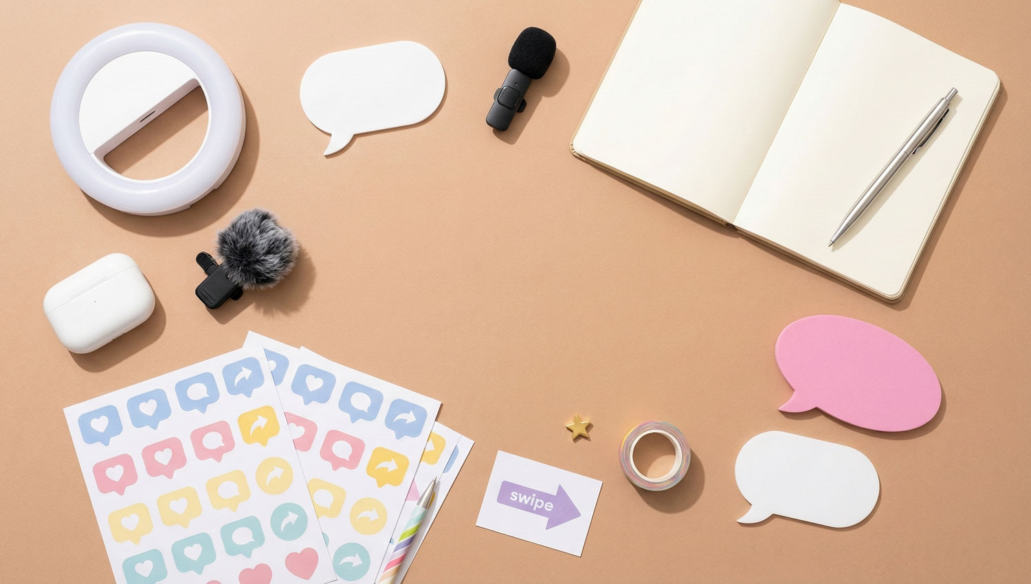 A creator-style desk with props showing how slang trends start.