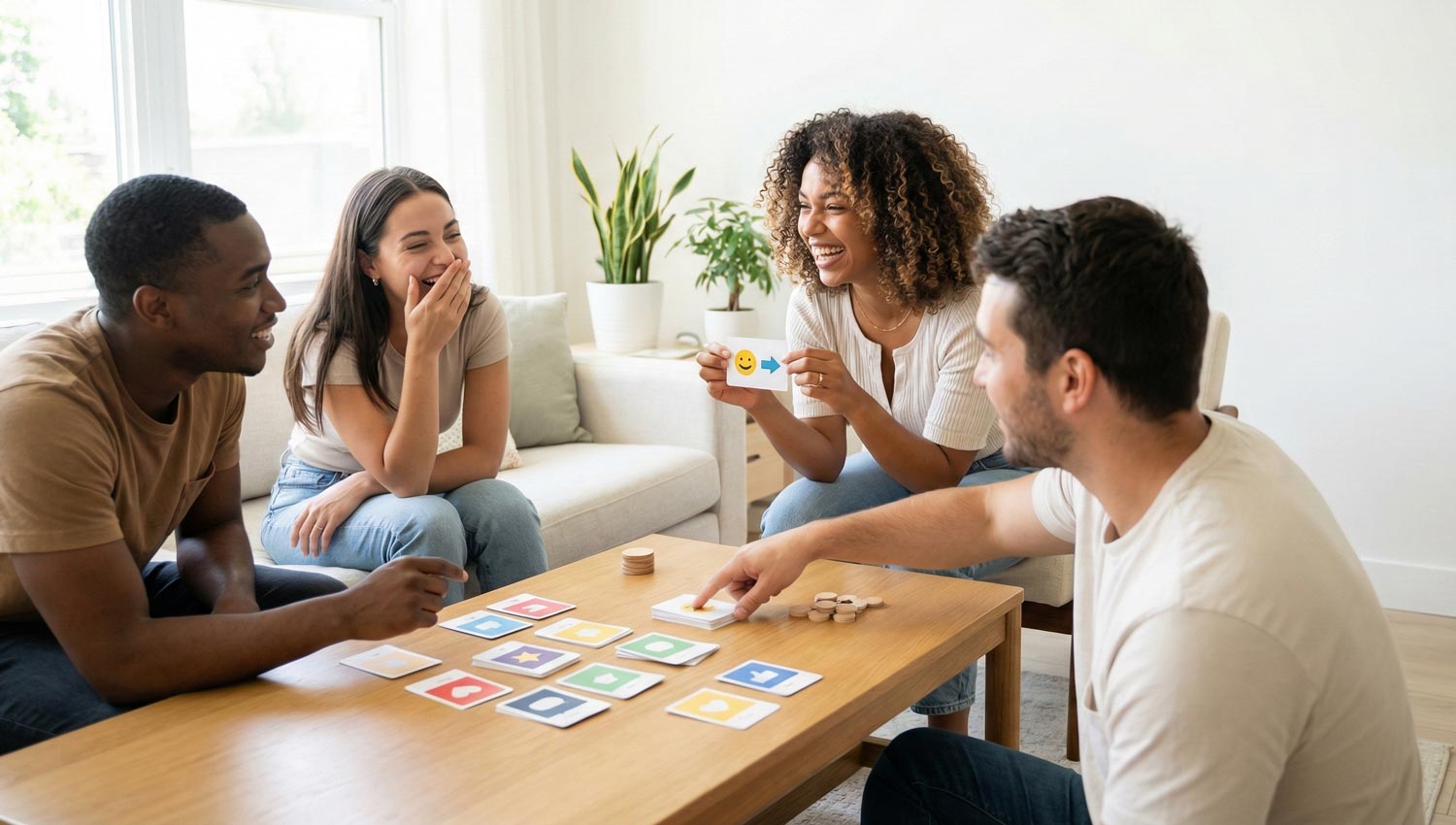Friends laughing while playing a slang trivia card game.
