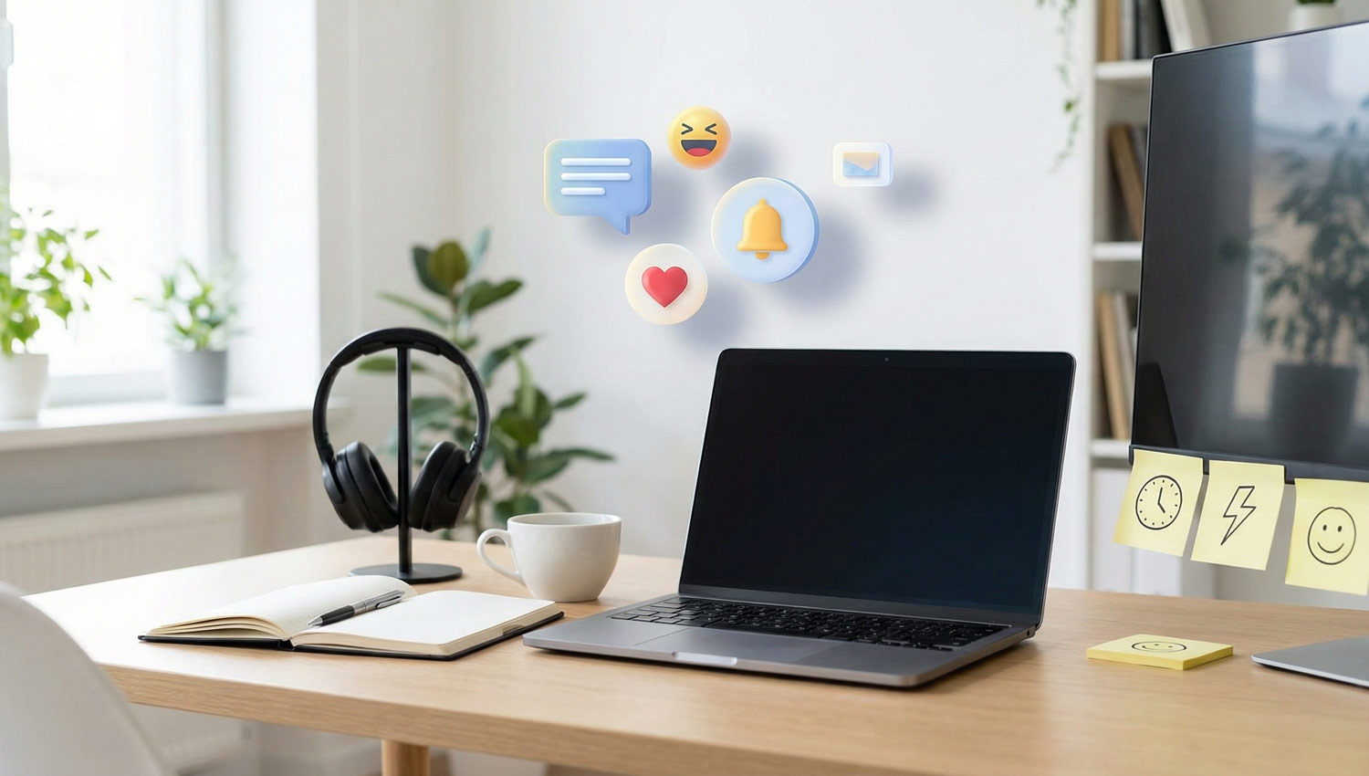 A modern work desk with floating chat and reaction icons.