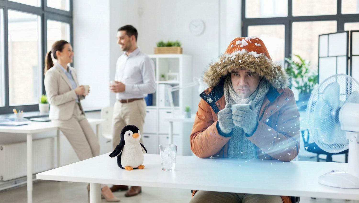 An office worker bundled up like it’s Antarctica.