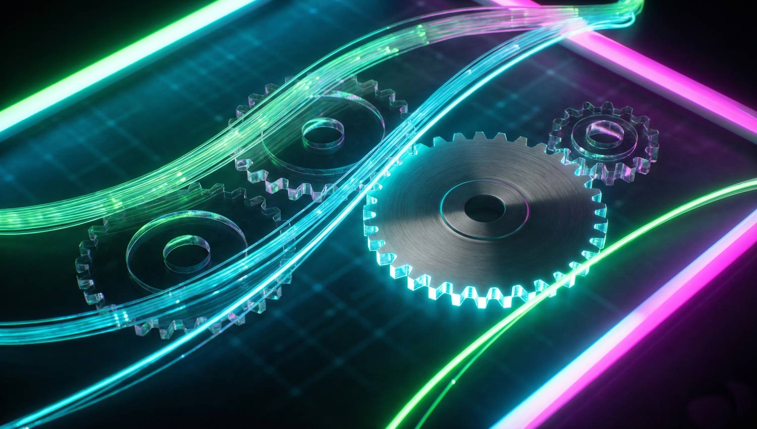 Neon-colored data lines and gears visualizing a digital algorithm pattern.