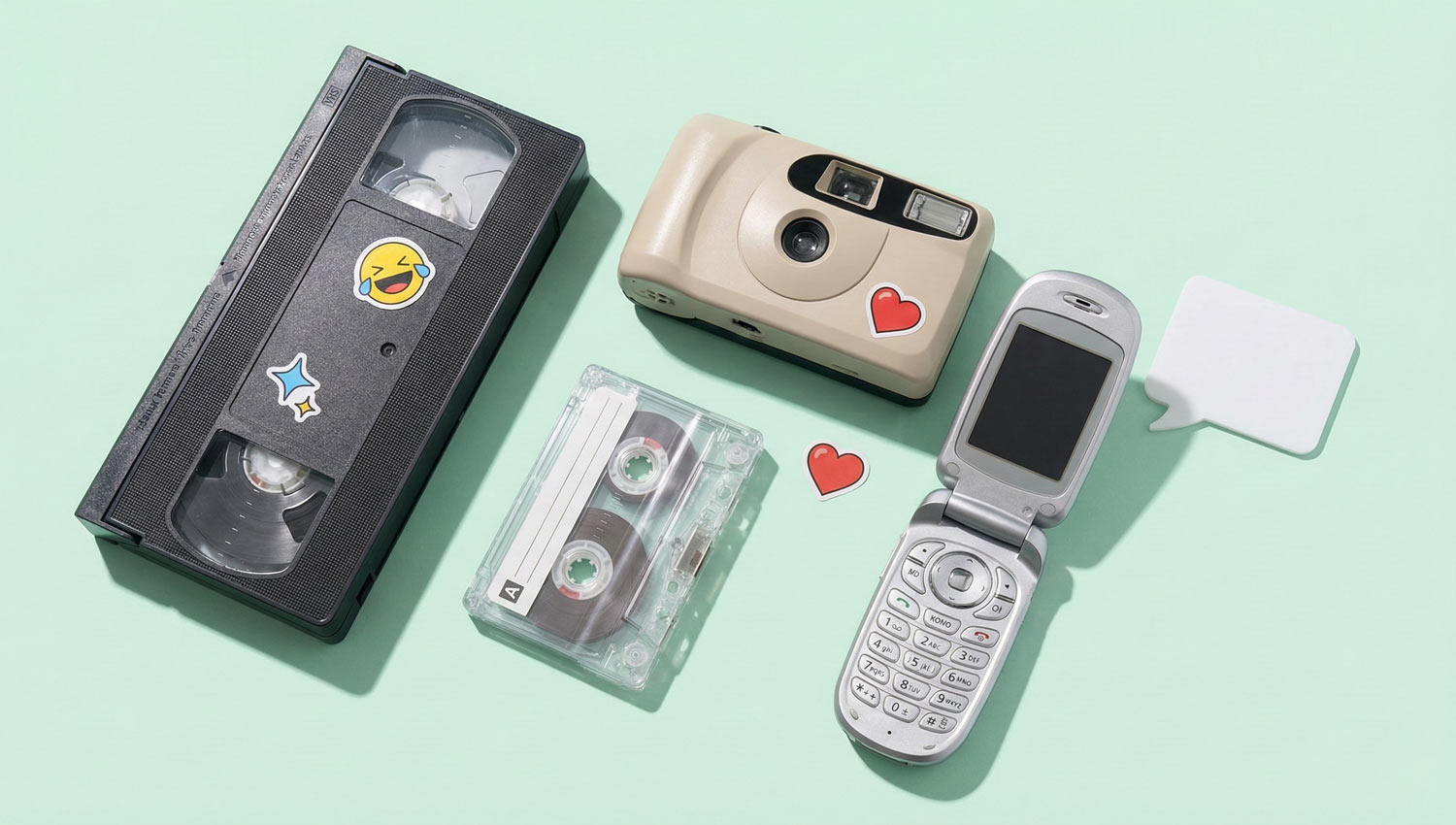 Retro gadgets styled with modern emoji stickers for nostalgia slang.
