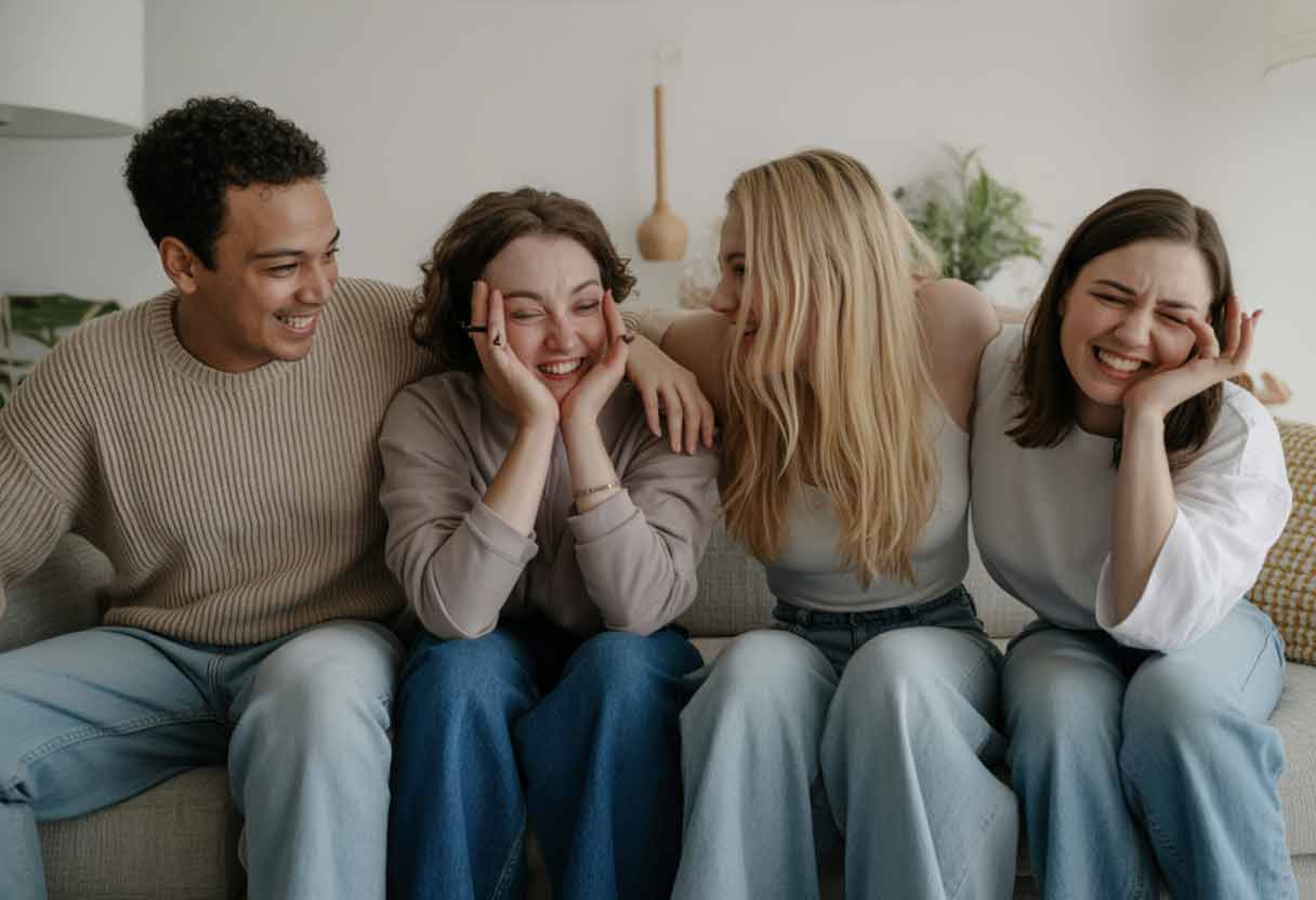 Friends laughing at a joke told offline, modern humor inspired by TikTok trends