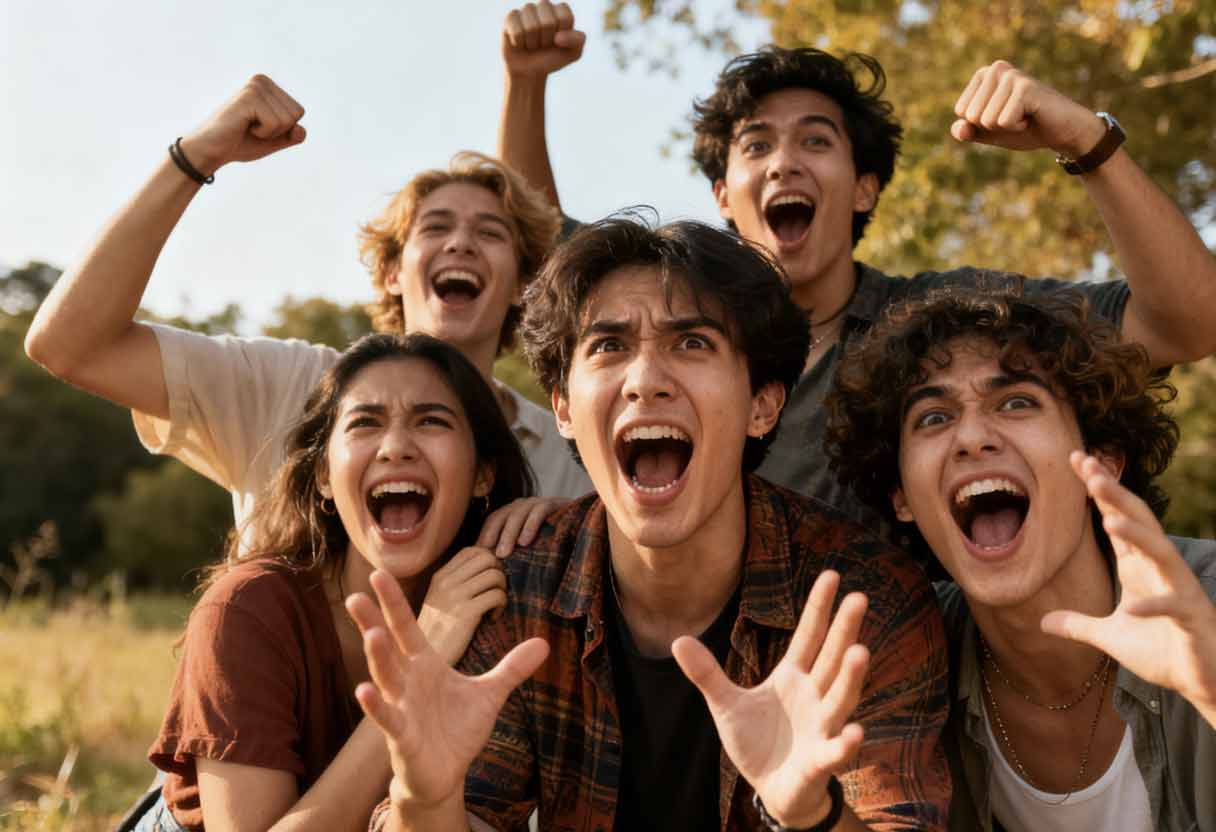 Friends laugh while reenacting a meme in real life.