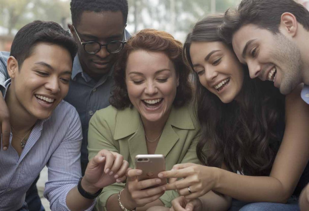 Friends smile while looking at a phone showing their group chat.