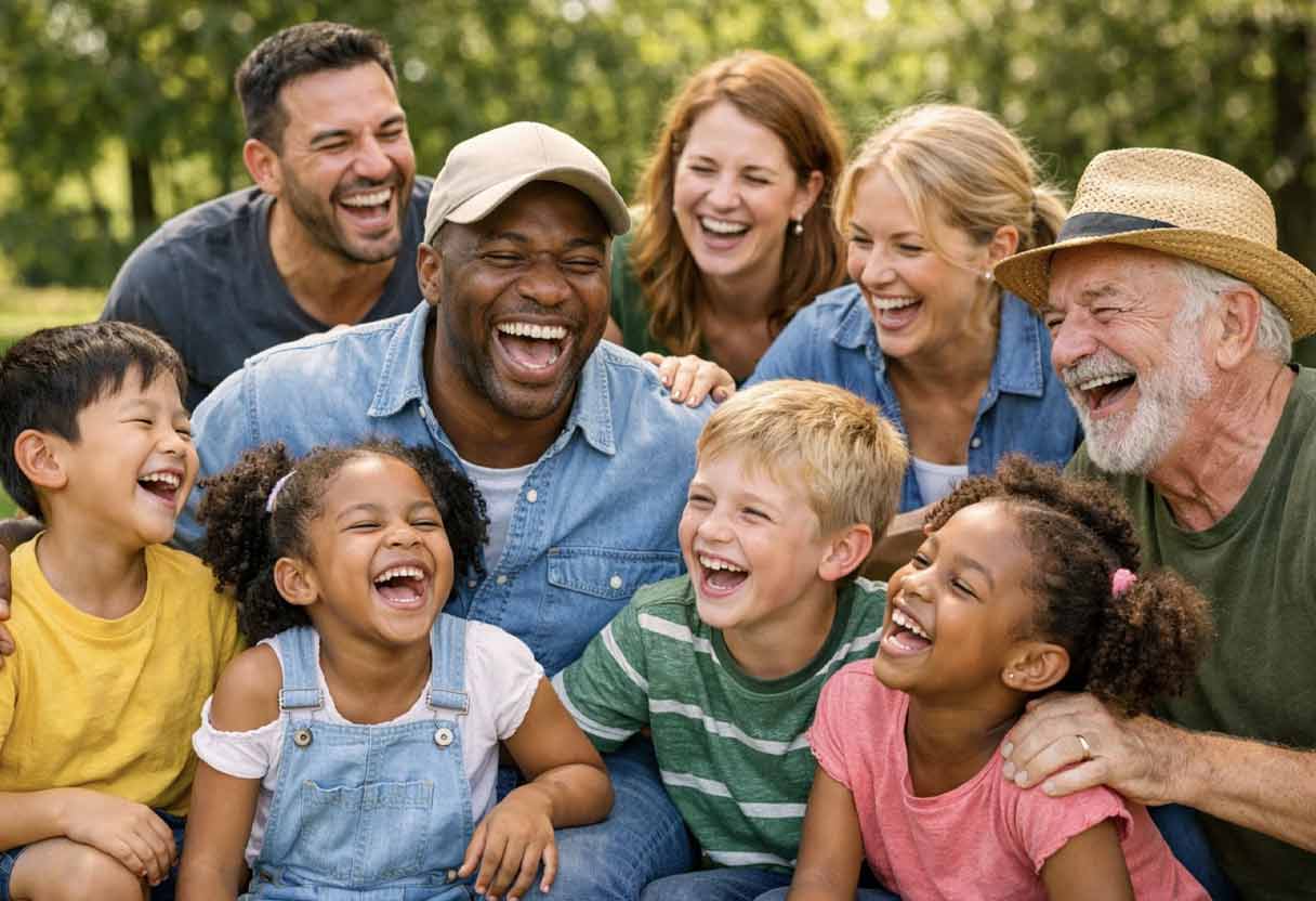 children and adults laughing together at a simple, clean joke