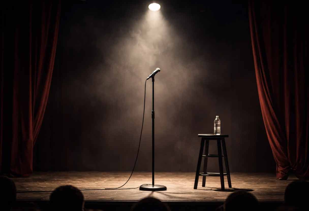 A stand-up mic on an empty stage — the rawness of live comedy