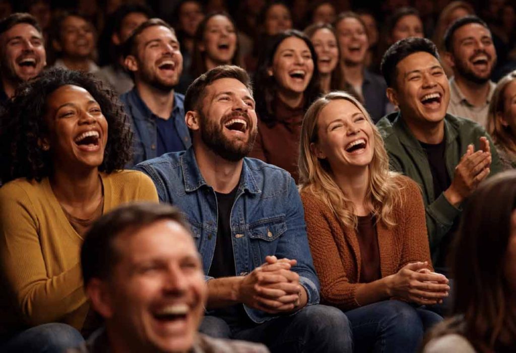 A live audience laughing together — shared relief