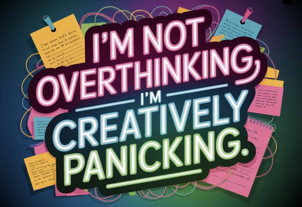 Neon quote about overthinking and creative anxiety with chaotic background